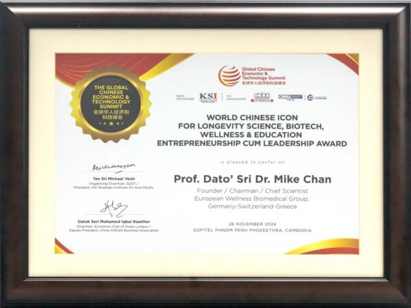 Prof. Mike Chan received the "World Chinese Icon for Longevity Science, Biotech, Wellness & Education Entrepreneurship Cum Leadership Award" at the Global Chinese Economic & Technology Summit on Nov 26, 2024, in  Phnom Penh, Cambodia. The award recognizes his significant contributions to the fields of biotechnology and longevity science.