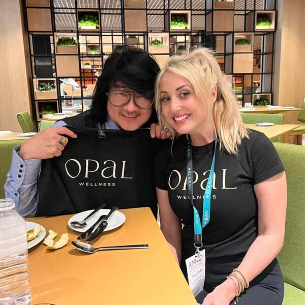 Dr. Valerie Civelli presented Prof. Mike Chan with a special company T-shirt “Opal Wellness” after his landmark presentation at AMWC SEA 2024, Bangkok.