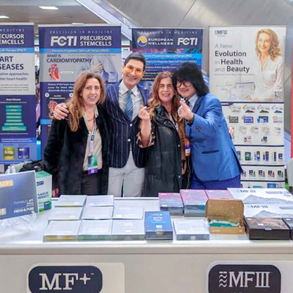 European Wellness Biomedical Group Booth – Attendees gather at the European Wellness booth to learn about cutting-edge products and regenerative solutions in precision medicine and cancer care. (2nd from left: Prof. Dr. Roni Moya)