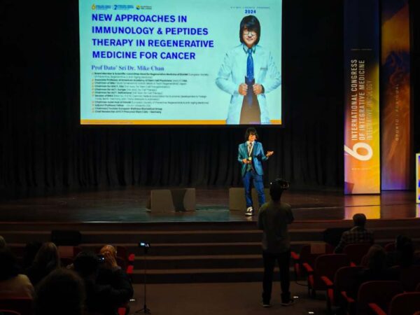 Prof. Dr. Mike Chan at the 6th ICIM – Prof. Dr. Mike Chan delivers his groundbreaking presentation on new approaches in stem cells, peptides, and exosomes in cancer treatment at the Exponor Congress Center in Porto.